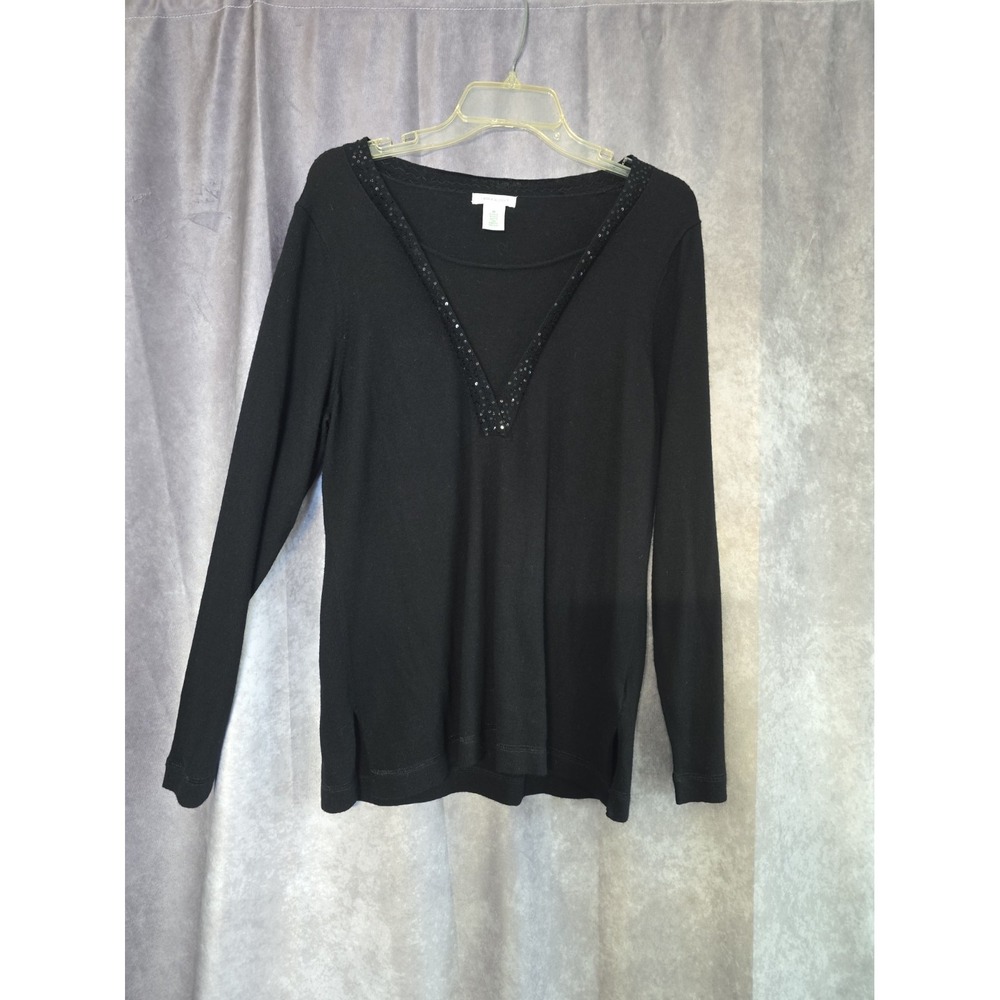 Laura Ashley Sweater Top Womens Medium Black Silk Wool Sequin V-Neck Long Sleeve